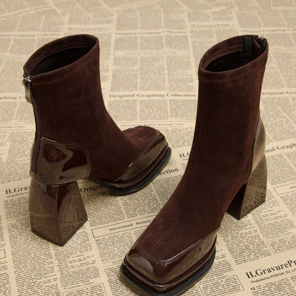 Burgundy Elegant Women's Waterproof Platform High Heel Boots - Picture 4 of 5
